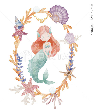 Watercolor illustration of cute Mermaid in a frame with coral, shells, and starfish. Art with underwater princess for nursery poster or baby invitations and greeting cards. Drawing for childish design 124132606