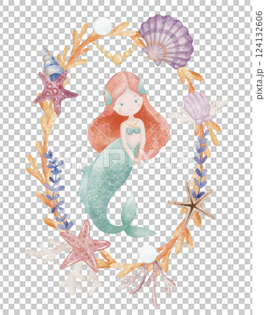 Watercolor illustration of cute Mermaid in a frame with coral, shells, and starfish. Art with underwater princess for nursery poster or baby invitations and greeting cards. Drawing for childish design 124132606