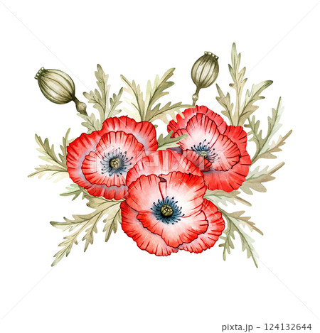 Poppy, bouquet, bee, leaves, petal, bud watercolor set illustration isolated background, wedding, greeting, invitation card Poppy, bouquet, bee, leaves, petal, bud watercolor set illustration isolated background, wedding, greeting, invitation card 124132644