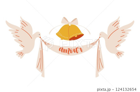 Wedding illustration. Two doves are holding a congratulatory ribbon. 124132654