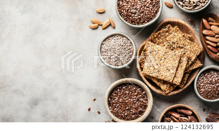 crispy crackers with sunflower and flax seeds, golden-brown and textured, highlighting rustic homemade quality and natural ingredients concept of healthy snacks, organic food, artisanal baking 124132695