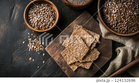 crispy crackers with sunflower and flax seeds, golden-brown and textured, highlighting rustic homemade quality and natural ingredients concept of healthy snacks, organic food, artisanal baking 124132696