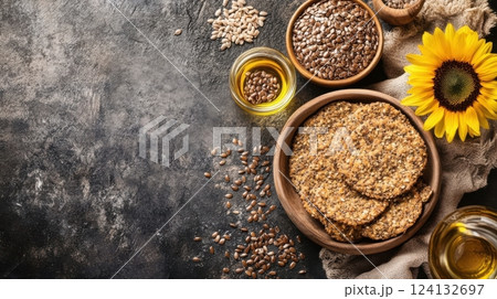 crispy crackers with sunflower and flax seeds, golden-brown and textured, highlighting rustic homemade quality and natural ingredients concept of healthy snacks, organic food, artisanal baking 124132697