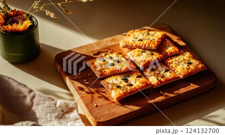 crispy crackers with sunflower and flax seeds, golden-brown and textured, highlighting rustic homemade quality and natural ingredients concept of healthy snacks, organic food, artisanal baking 124132700