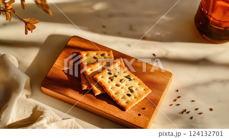 crispy crackers with sunflower and flax seeds, golden-brown and textured, highlighting rustic homemade quality and natural ingredients concept of healthy snacks, organic food, artisanal baking 124132701