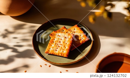 crispy crackers with sunflower and flax seeds, golden-brown and textured, highlighting rustic homemade quality and natural ingredients concept of healthy snacks, organic food, artisanal baking 124132702