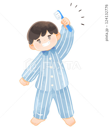 歯磨き　歯ブラシを持って歯を見せる子ども 124132776