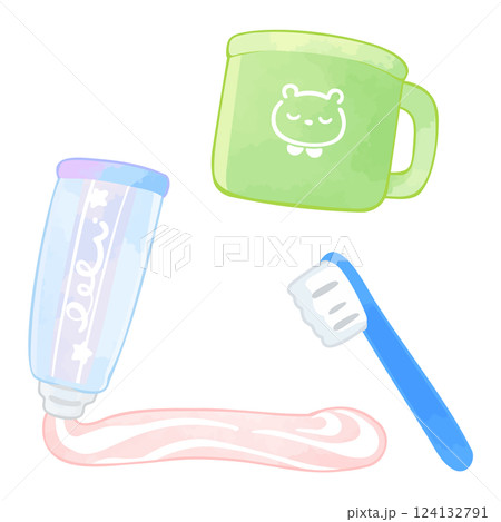 子どもの歯磨きセット　歯磨き粉と歯ブラシとコップ 124132791