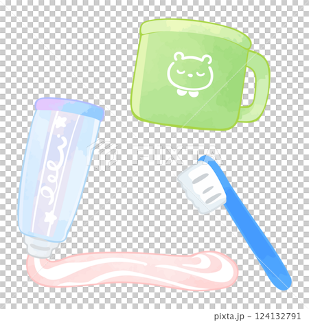 子どもの歯磨きセット　歯磨き粉と歯ブラシとコップ 124132791