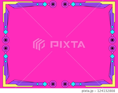Frame of lines and colorful geometric shapes. Linear border with Elements of the Bauhaus style. Geometric frame design with space for text, invitations, flyers and greeting cards. Vector illustration Frame of lines and colorful geometric shapes. Linear border with Elements of the Bauhaus style. Geometric frame design with space for text, invitations, flyers and greeting cards. Vector illustration 124132808