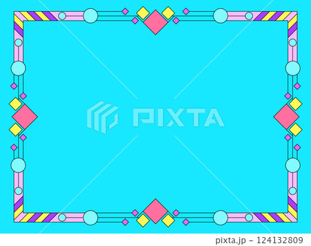 Frame of lines and colorful geometric shapes. Linear border with Elements of the Bauhaus style. Geometric frame design with space for text, invitations, flyers and greeting cards. Vector illustration Frame of lines and colorful geometric shapes. Linear border with Elements of the Bauhaus style. Geometric frame design with space for text, invitations, flyers and greeting cards. Vector illustration 124132809
