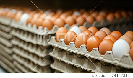 A photograph of a stocked supermarket shelf filled with rows of chicken eggs in cardboard boxes A photograph of a stocked supermarket shelf filled with rows of chicken eggs in cardboard boxes 124132830