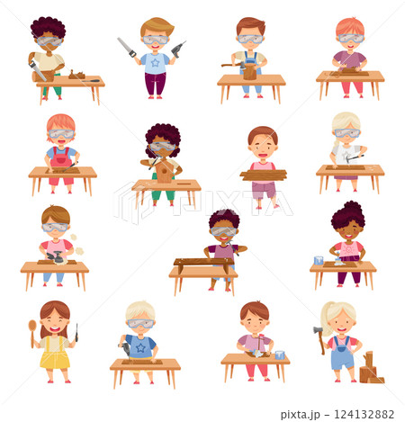 Little Boy and Girl Character Wood Working Vector Set Little Boy and Girl Character Wood Working Vector Set 124132882