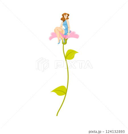 Pretty Girl Sit on Flower with Stem Vector Illustration 124132893