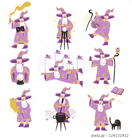 Wizard Man Character in Purple Gown and Hat Vector Set 124132912