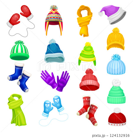 Winter Clothes with Hat, Scarf and Gloves Vector Set Winter Clothes with Hat, Scarf and Gloves Vector Set 124132916