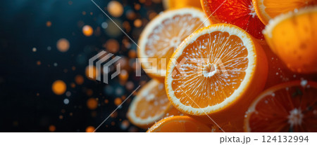 Slices of fresh orange on a dark background. Citrus fruit background 124132994