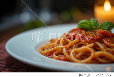 Delicious Spaghetti with Tomato Sauce and Fresh Basil 124132995