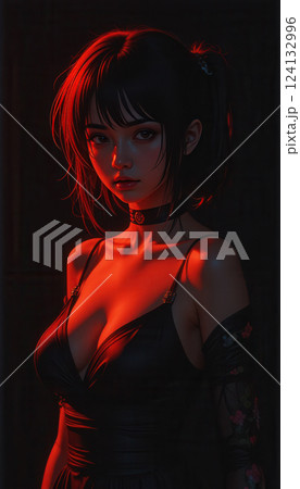 Anime Girl in a Black Dress Under Red Light 124132996
