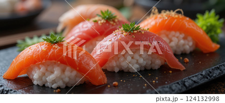 Sushi set with salmon, sashimi and rice. Japanese food 124132998