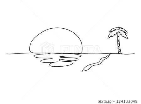 Palm and sunrise on the beach. One line drawing vector illustration. 124133049