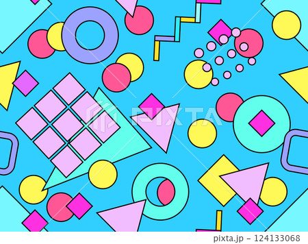 Seamless pattern with colorful geometric shapes with a black outline. Geometric pattern with Memphis elements in 80s style. Design of wallpaper, wrapping paper, and printing. Vector illustration Seamless pattern with colorful geometric shapes with a black outline. Geometric pattern with Memphis elements in 80s style. Design of wallpaper, wrapping paper, and printing. Vector illustration 124133068