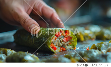 Freshly prepared stuffed grape leaf 124133095