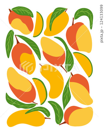 Vegan poster with whole and sliced mangoes 124133099