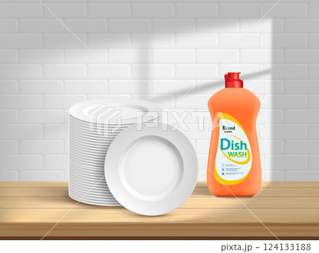 Clean plates and bottle of dishwashing detergent 124133188
