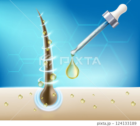 Human hair and serum on scalp skin close-up 124133189