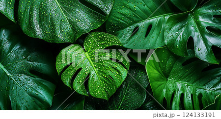 Rain drops on green monstera  leaf nature background. Nature background of tropical leaves.  124133191