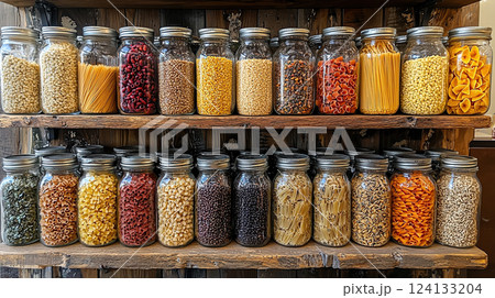 Rows of glass jars filled with different shapes of dried pasta and macaroni sit on wooden shelves. 124133204