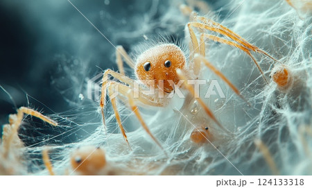 A macro shot of a small orange spider, surrounded by silk webs, against a soft blurred background. A macro shot of a small orange spider, surrounded by silk webs, against a soft blurred background. 124133318