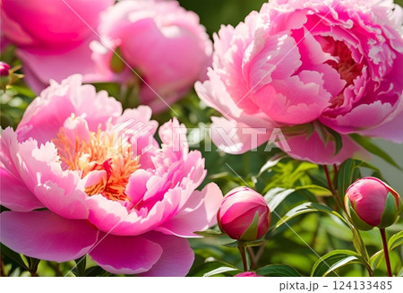 Paeonia lactiflora with beautiful pink blooms in clusters.AI Generated 124133485