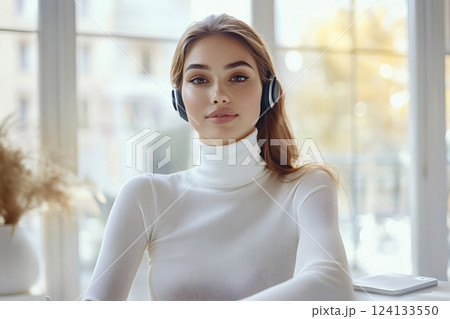 Young woman wearing headphones listening to music or podcast 124133550