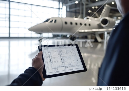Aircraft engineer examining blueprint on digital tablet in hangar 124133616