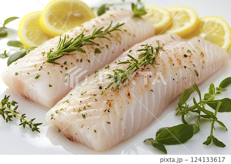 Fresh white fish fillets seasoned with herbs and lemon slices 124133617