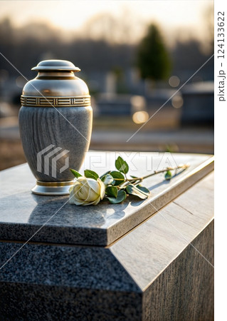 Cremation urn with a flower on a tombstone in a serene cemetery setting 124133622