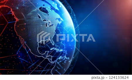 Stylized Earth globe with glowing lines and textures in a futuristic space setting Stylized Earth globe with glowing lines and textures in a futuristic space setting 124133624