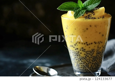 Mango chia seed pudding garnished with fresh mint 124133677