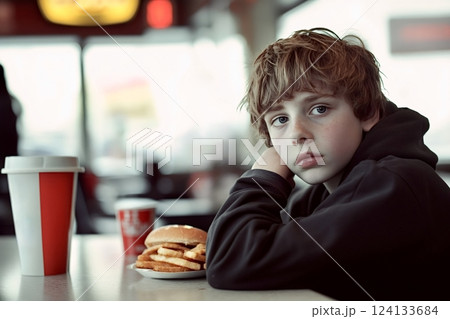 Boy having burger and fries at fast food restaurant Boy having burger and fries at fast food restaurant 124133684