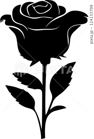 black graphic drawing of a rose flower on a white background, isolated element, decor 124133709