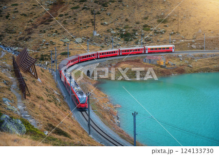 Aerial view of red train near alpine mountain lake and cloudy sky 124133730
