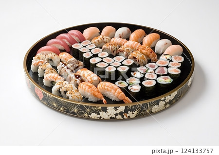 Large sushi platter displaying variety of delicious rolls and nigiri 124133757