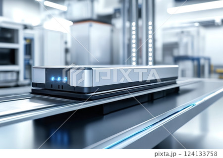 Electric vehicle battery pack moving on assembly line in modern factory 124133758