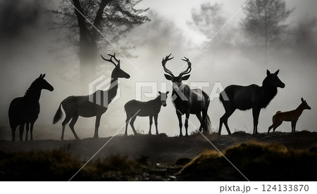 霧の中を進むシカたちのシルエット 霧の中を進むシカたちのシルエット 124133870