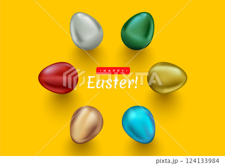 A vibrant vector illustration of metallic Easter eggs arranged in a circular composition on a yellow background. Perfect for Easter greetings, holiday decorations, and festive designs 124133984
