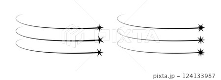 Falling star shape. Comet trail icons set. Abstract shooting star. Cosmos asteroid tail. Comet tail. Design element. Flying meteor silhouette. Vector illustration isolated on white background Falling star shape. Comet trail icons set. Abstract shooting star. Cosmos asteroid tail. Comet tail. Design element. Flying meteor silhouette. Vector illustration isolated on white background 124133987