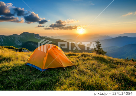 Camping in mountains at sunrise 124134084