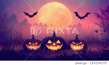 Glowing pumpkins and flying bats create a vibrant Halloween atmosphere 124134179